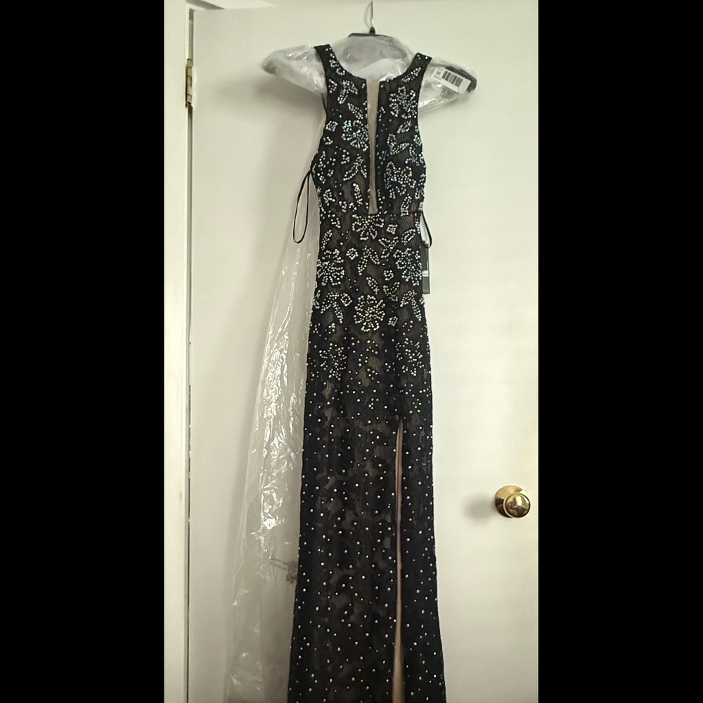 NWT La Femme Black Gown with Rhinestones